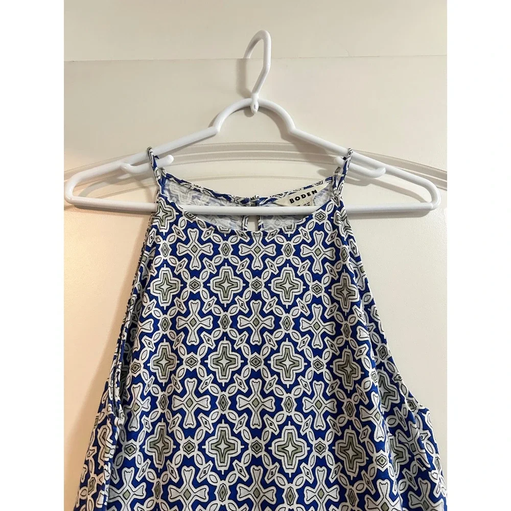 Boden Geometric Print racer back Halter Neck Midi Dress Blue White Green Size 6R - Picture 5 of 8
